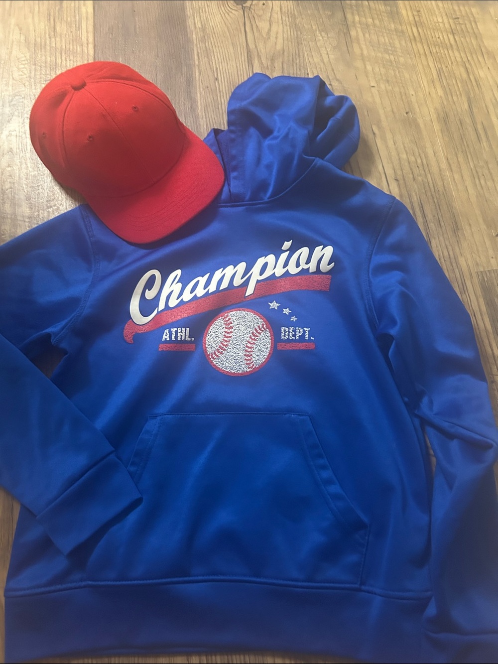 Champion Royal Blue Hoodie with Red & White Baseball Graphic
